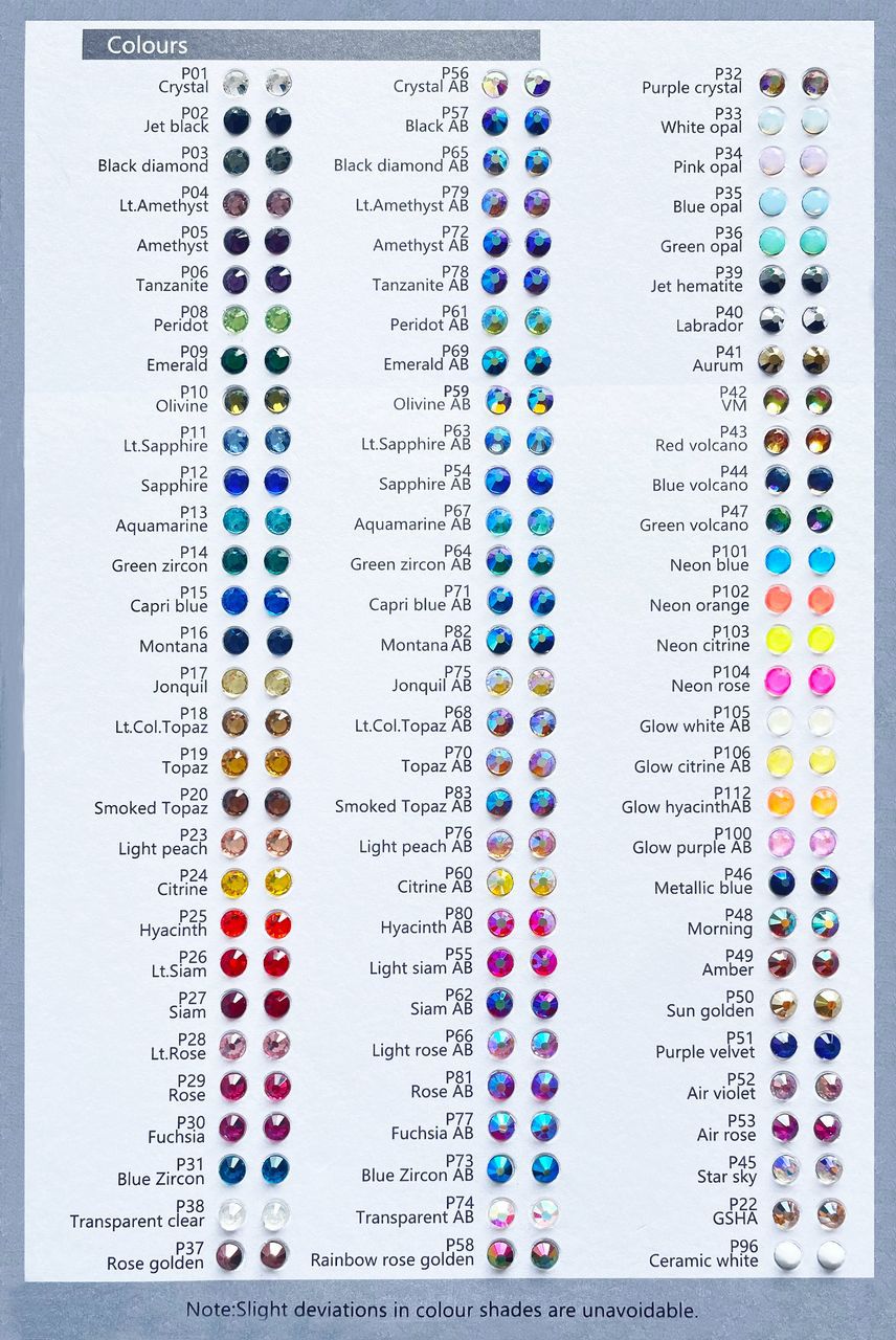 Flatback rhinestone color card with 100+ colors and SS3 to SS50 sizes
